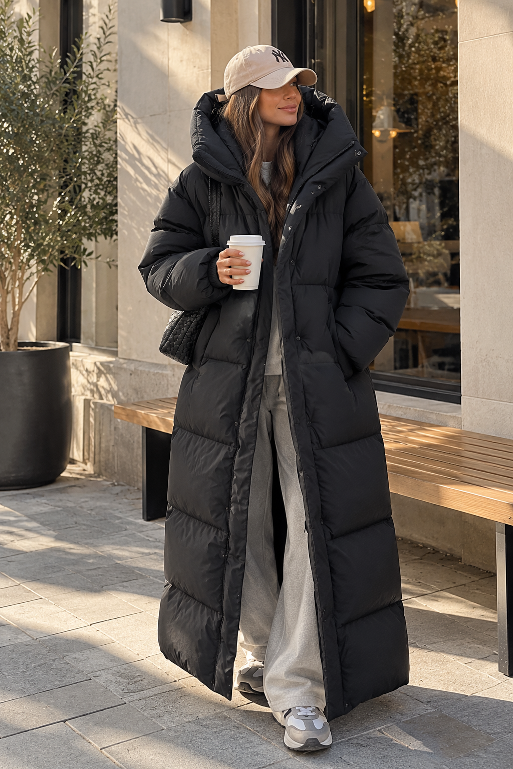 Long hooded padded coat in black with button front and quilted puffer panels