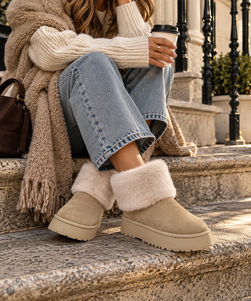 Brown suede mid-calf platform boots with faux-fur cuffs and thick platform sole