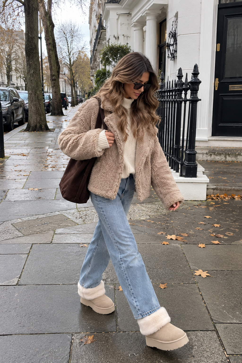 Cream suede mid-calf platform boots with faux-fur lining and chunky rubber sole