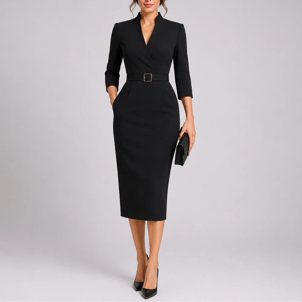 Black belted bodycon midi dress with V-neck and 3/4 sleeves