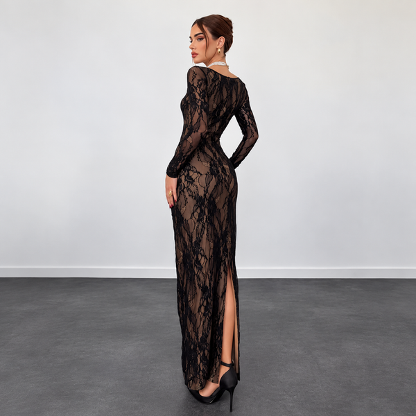 Fleur High-Waist Square-Collar Lace Slit Maxi Dress