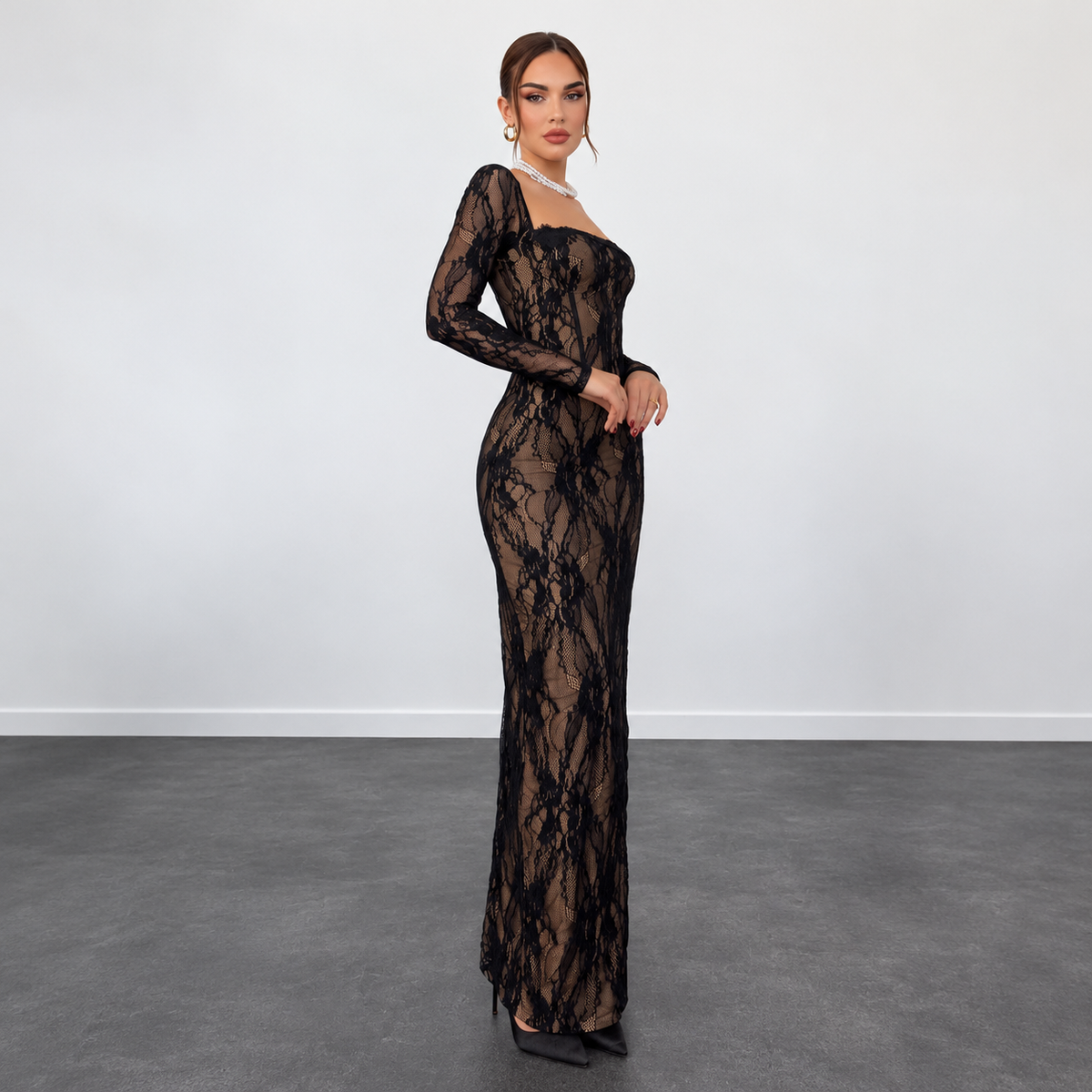 Black lace slit maxi dress with long sleeves and square neckline, floor-length column