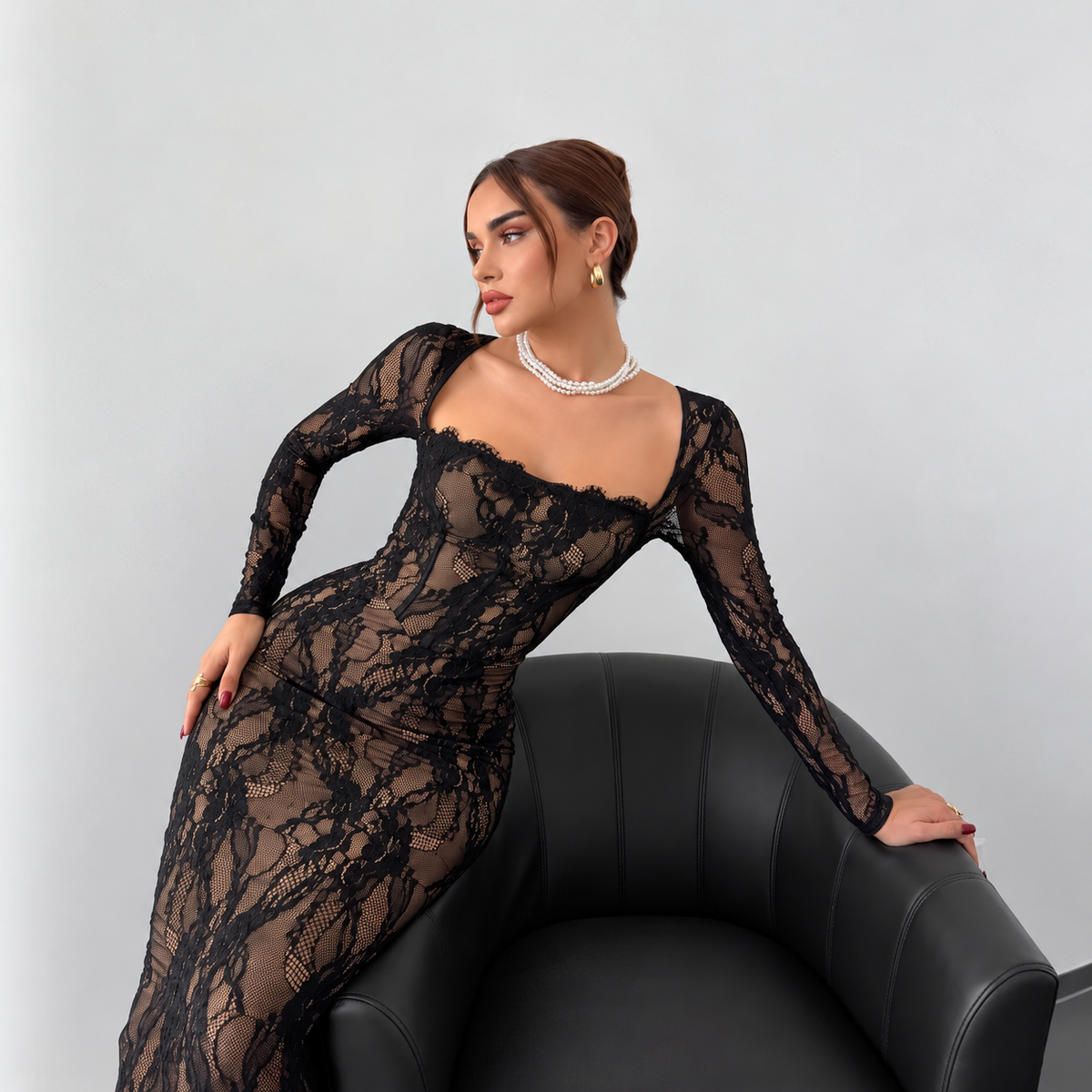 Black lace slit maxi dress with long sleeves, square neckline, fitted silhouette