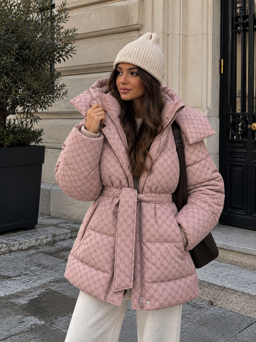 Pink quilted puffer jacket with repeating print, zip front, hood and belt tie