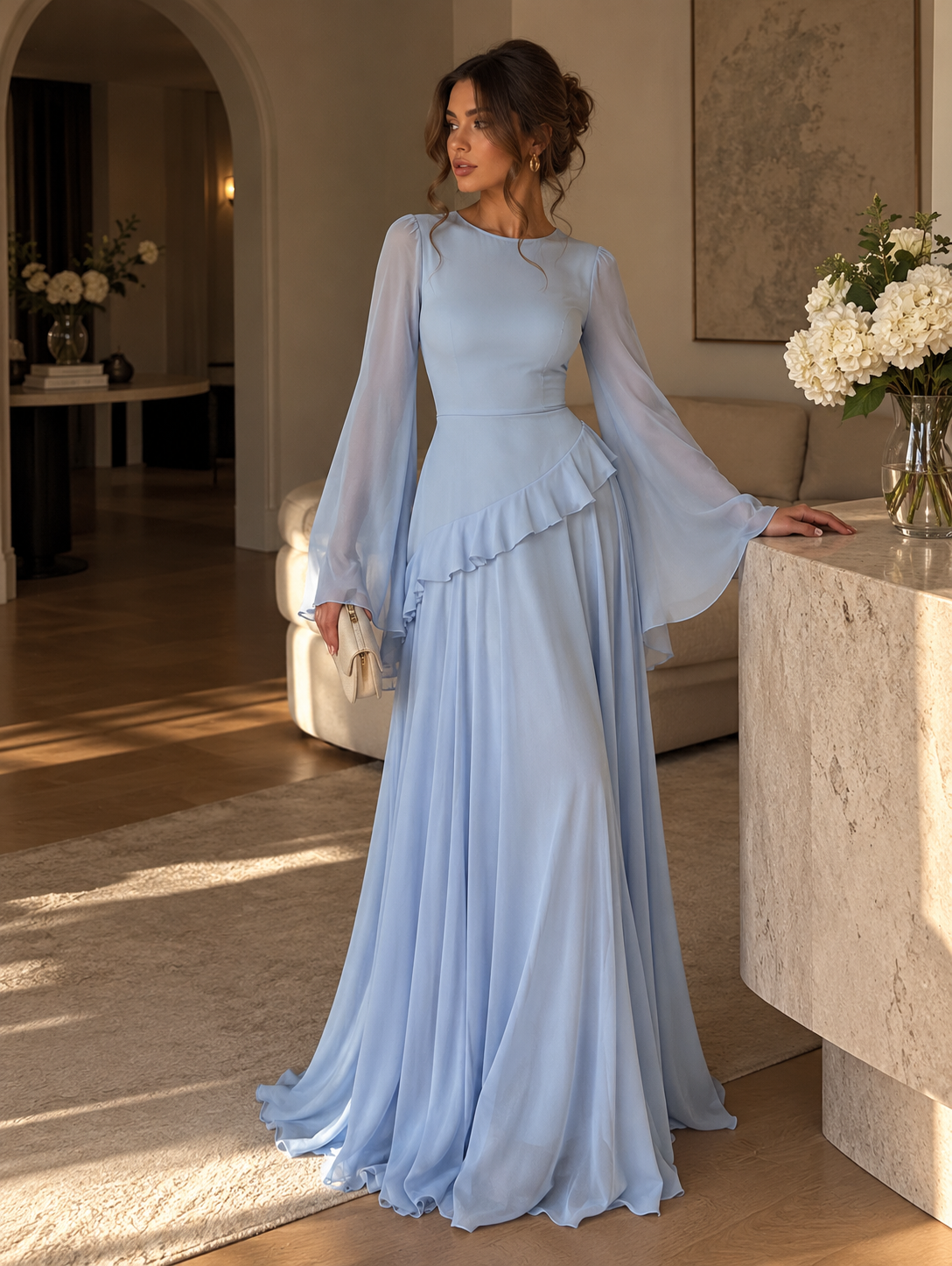 Light blue tiered maxi dress with long bell sleeves and layered ruffle skirt