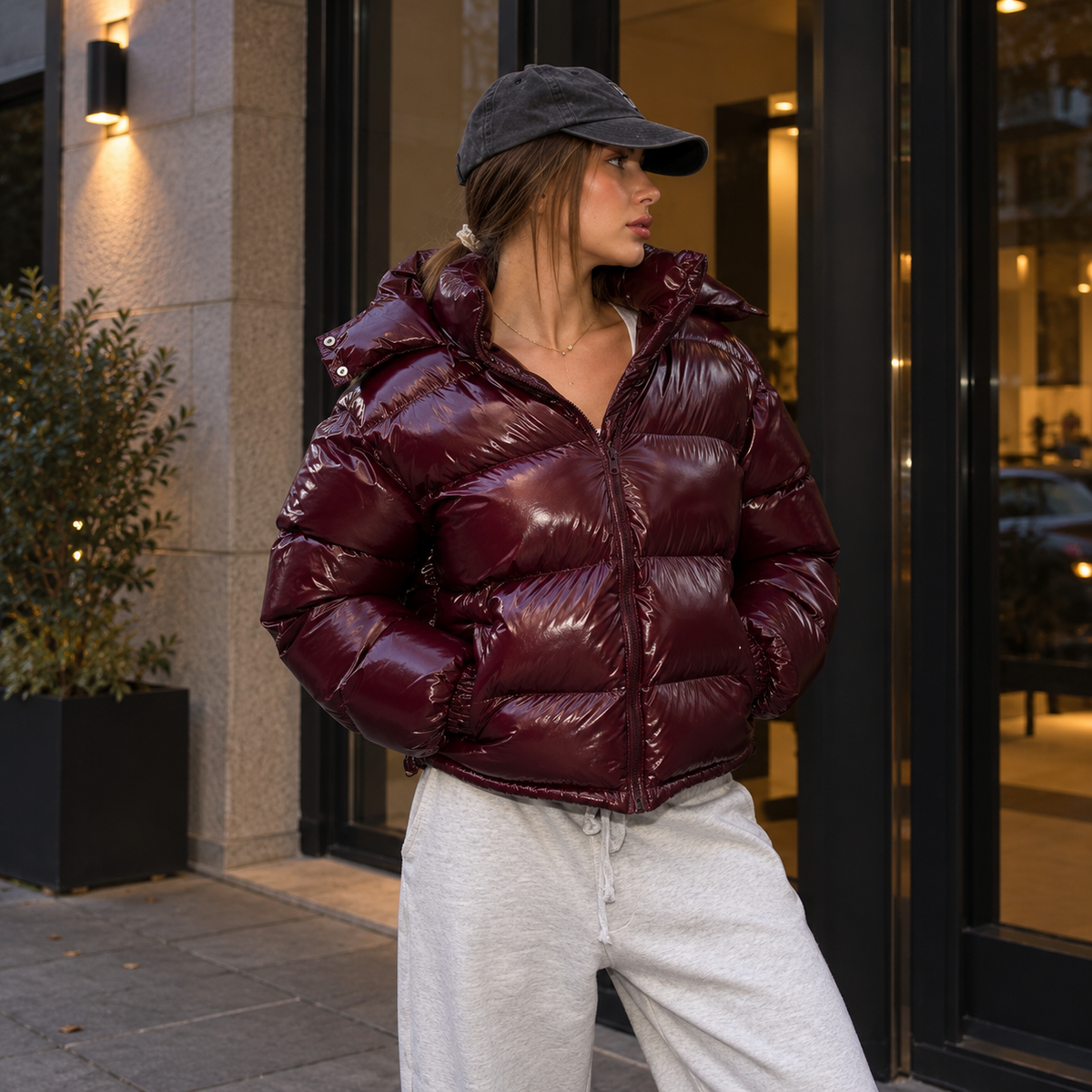 Glossy zip-hooded short puffer coat, burgundy with curved-hood brim and front zipper