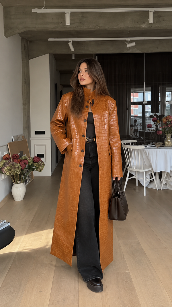 Celeste Croc-Embossed Faux Leather Trench Coat