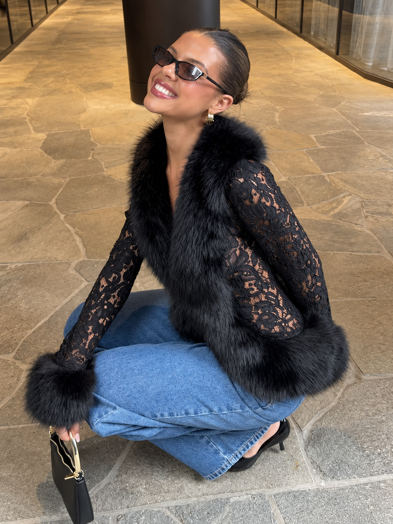 Black faux-fur lace-patchwork coat with wide open collar and lace sleeves