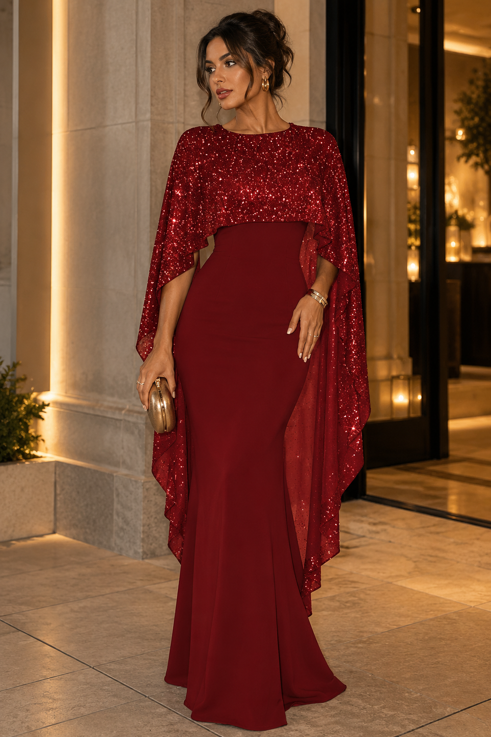 Red sequin wrap maxi dress with fitted skirt and draped cape sleeves