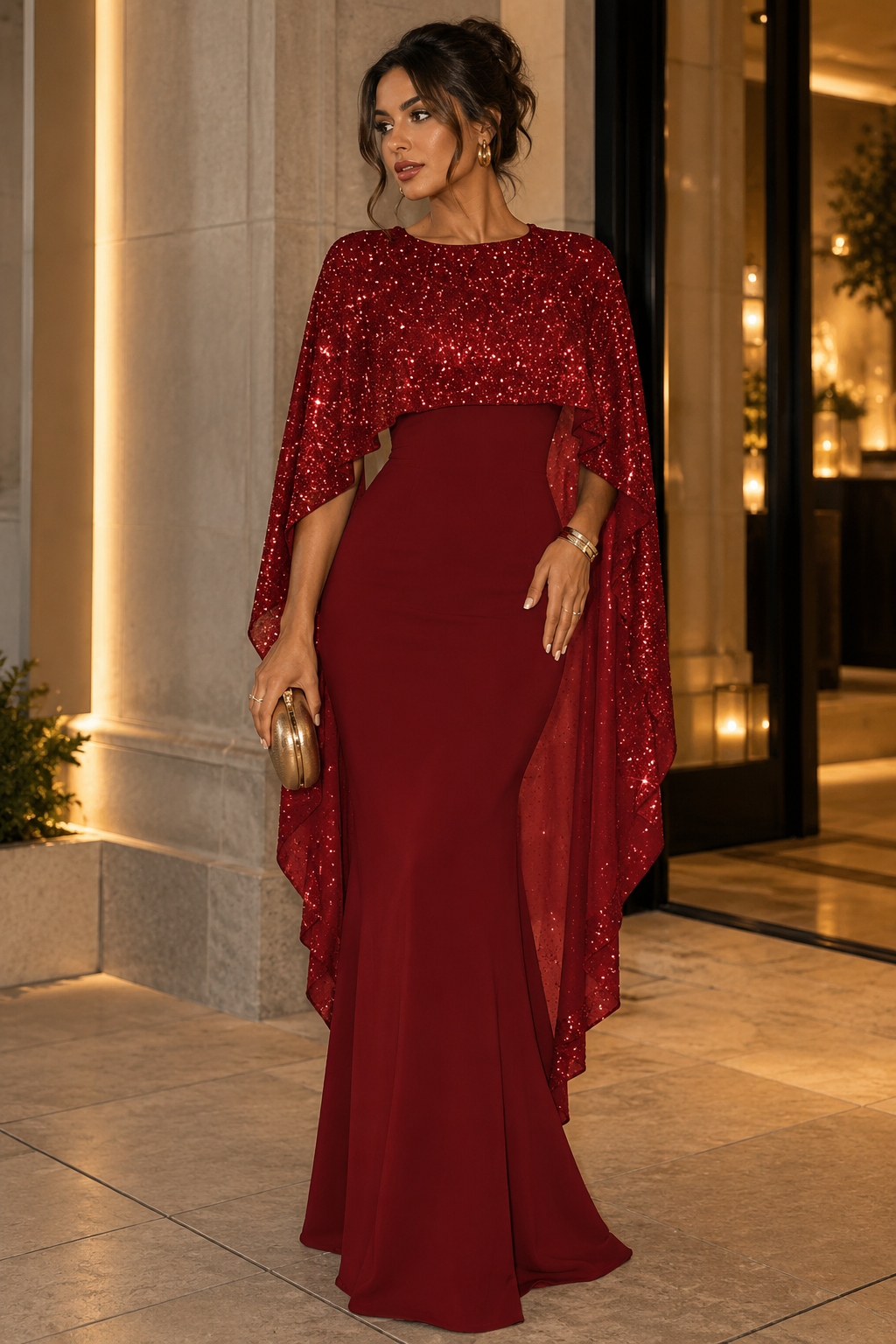 Red sequin wrap maxi dress with fitted skirt and draped cape sleeves