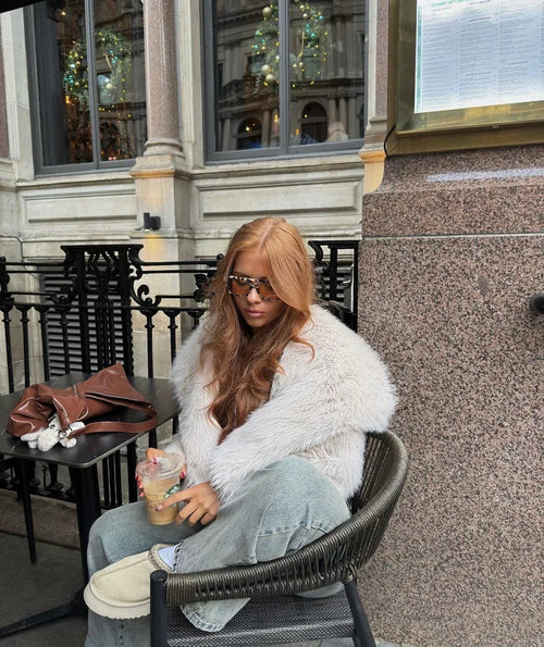 Light grey faux fur oversized coat with wide collar and open front