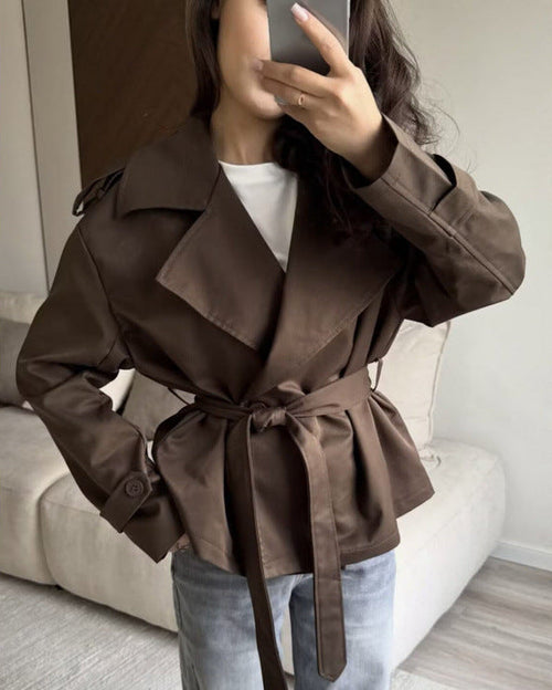 Women's belted double-breasted trench coat, dark brown, long sleeves, tie waist
