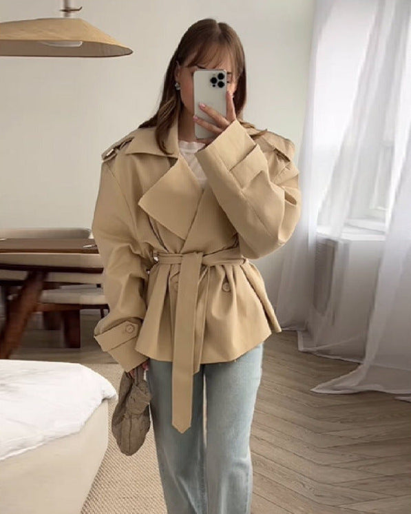 Women's belted double-breasted trench coat, beige, structured lapels, tie waist