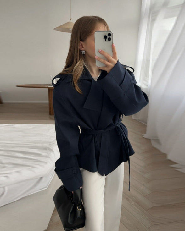 Women's belted double-breasted trench coat, navy, long sleeves, tie waist, button front
