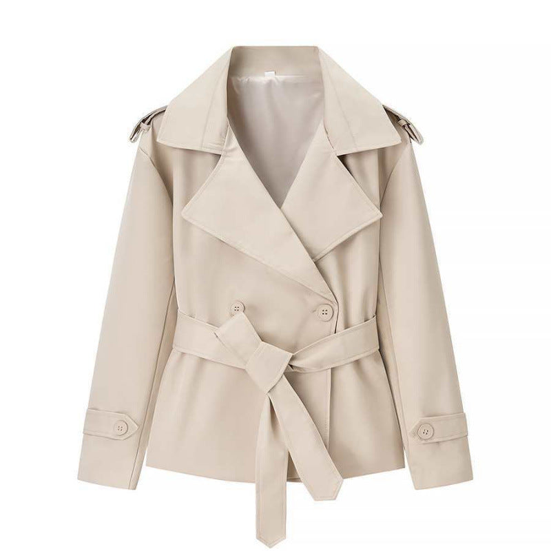 Women’s belted double-breasted trench coat in light beige with notched lapels