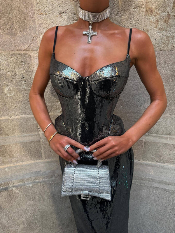 Elara Sequin Sweetheart Spaghetti-Strap Maxi Gown