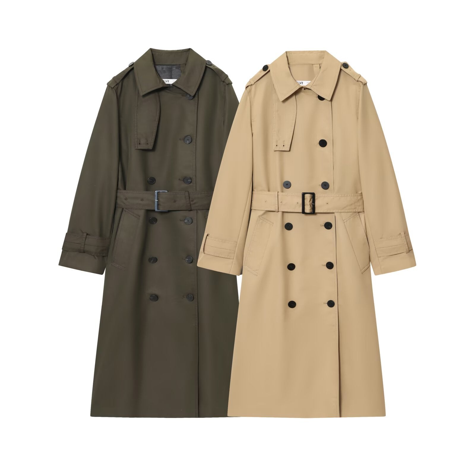 Set of women's belted long trench coats in beige and dark green, double-breasted