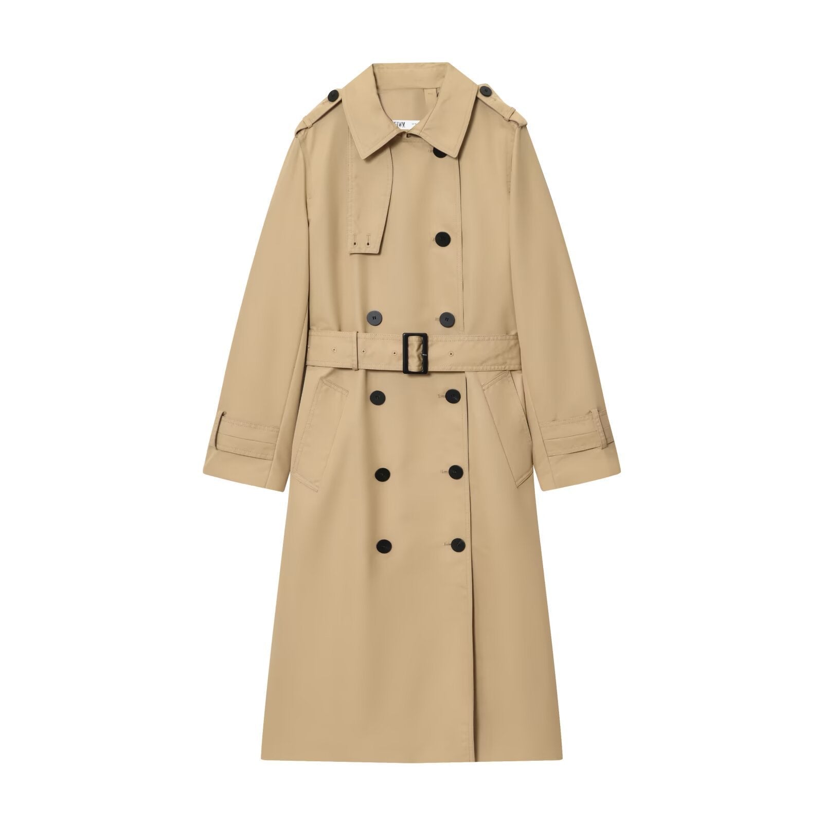 Beige women's belted long double-breasted trench coat with shoulder epaulets