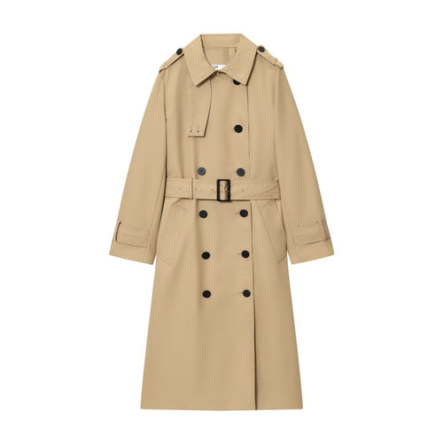 Beige women's belted long double-breasted trench coat with shoulder epaulets
