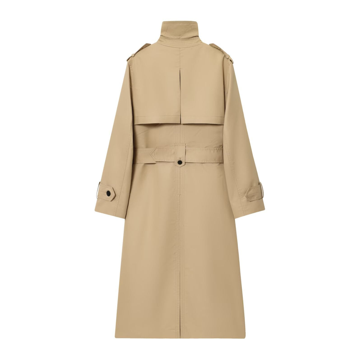Beige women's belted long trench coat, back view with yoke and center vent