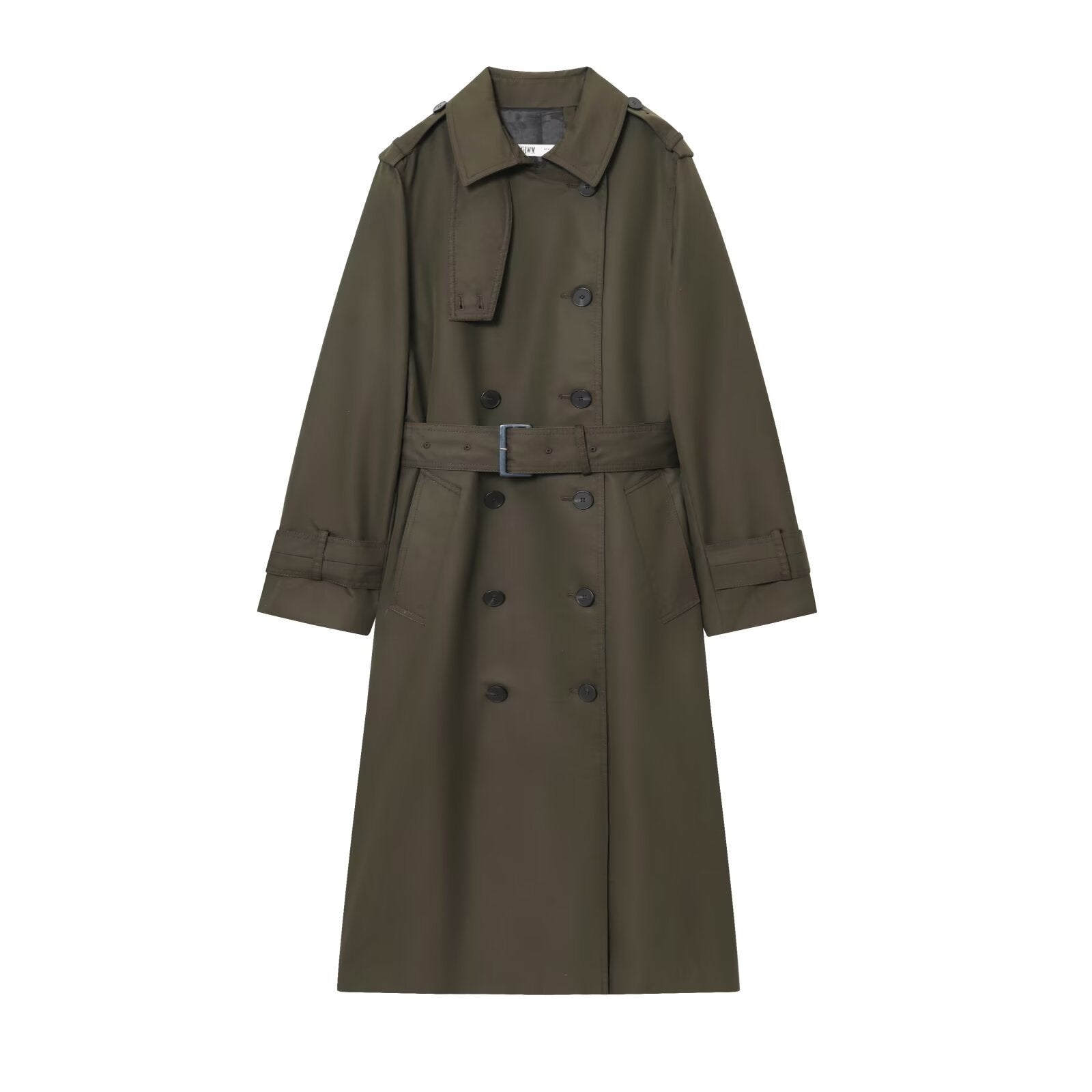 Dark green women's belted long double-breasted trench coat with buttoned pockets
