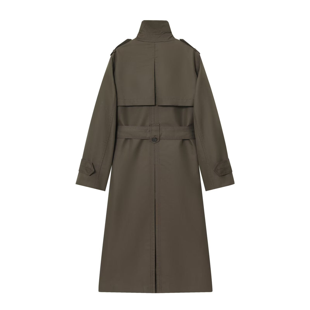 Dark green women's belted long trench coat, back view with yoke and center seam