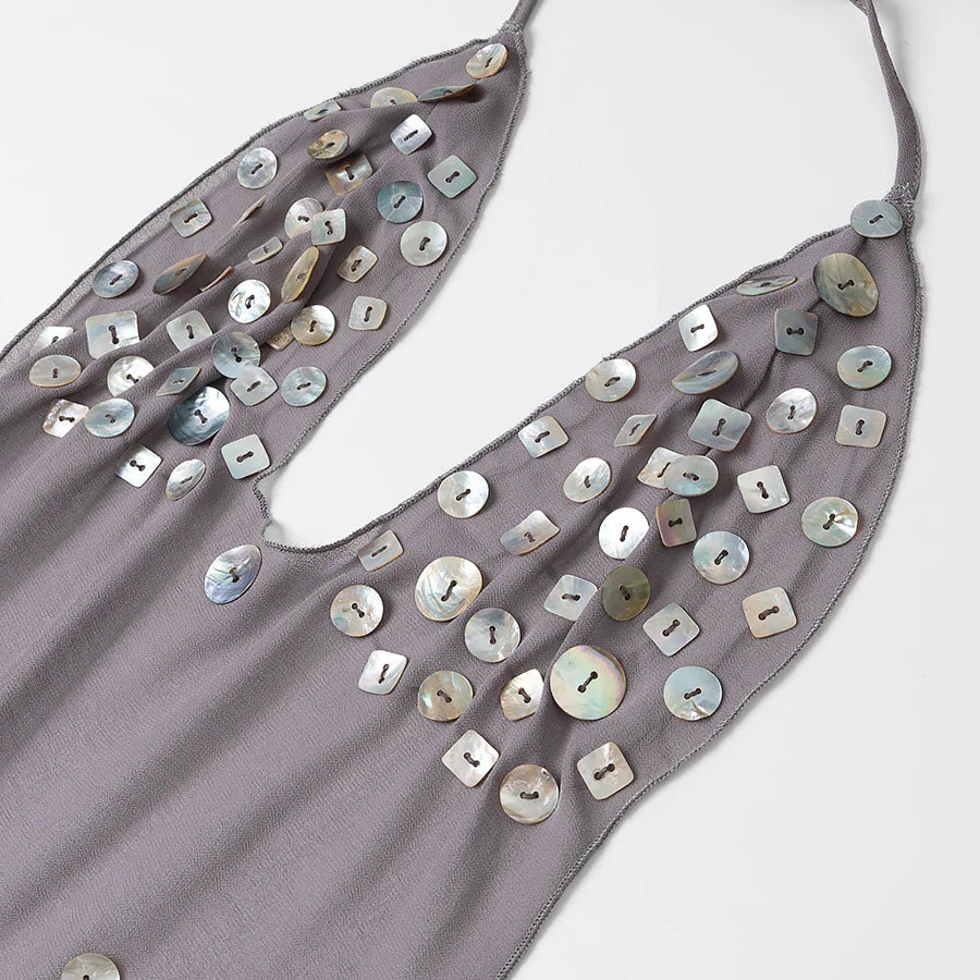 Gray halter neckline mini dress with multicolor coin sequin embellishments