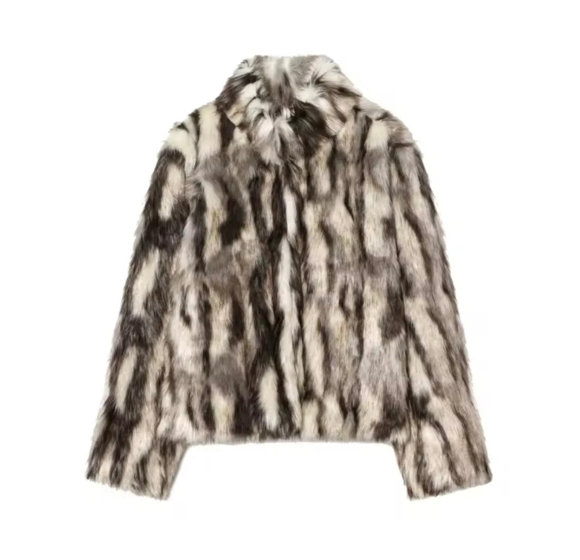 Animal print faux fur statement coat, black-and-white, short stand collar