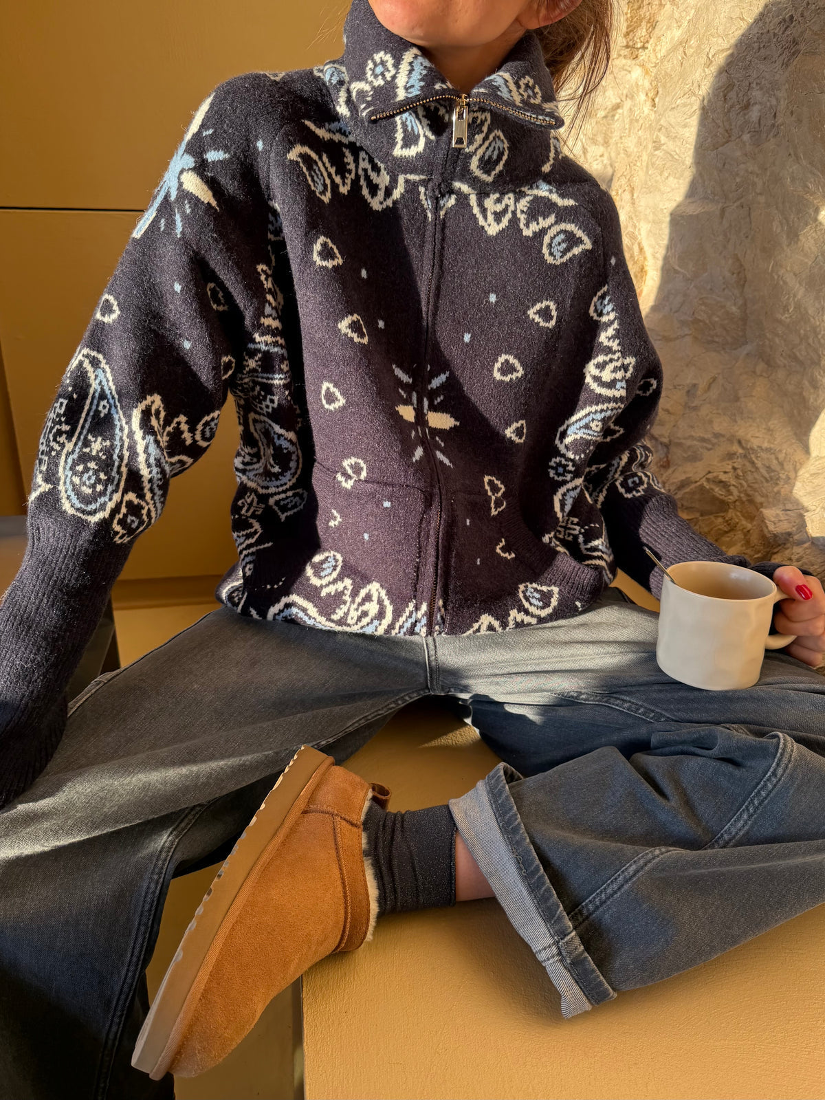 Women’s paisley zip-up knit cardigan, navy with white pattern, full front zipper