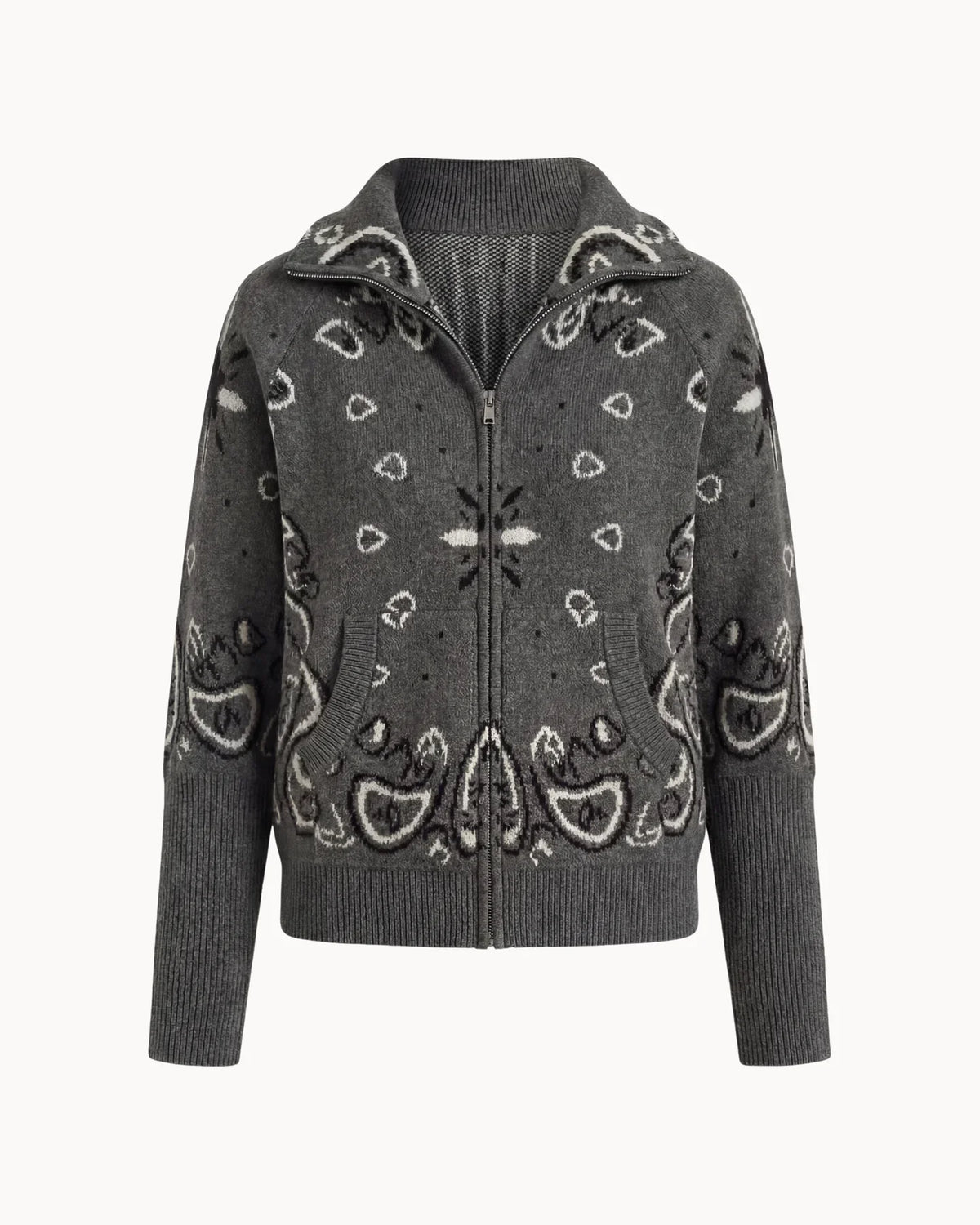 Dark gray zip-up knit cardigan with white paisley pattern, zip front and long sleeves