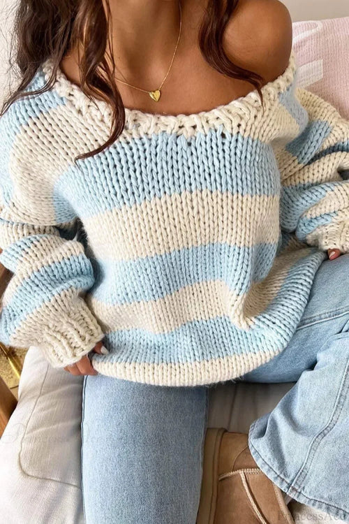 Oversized striped knit off-shoulder jumper in light blue and cream, long sleeves