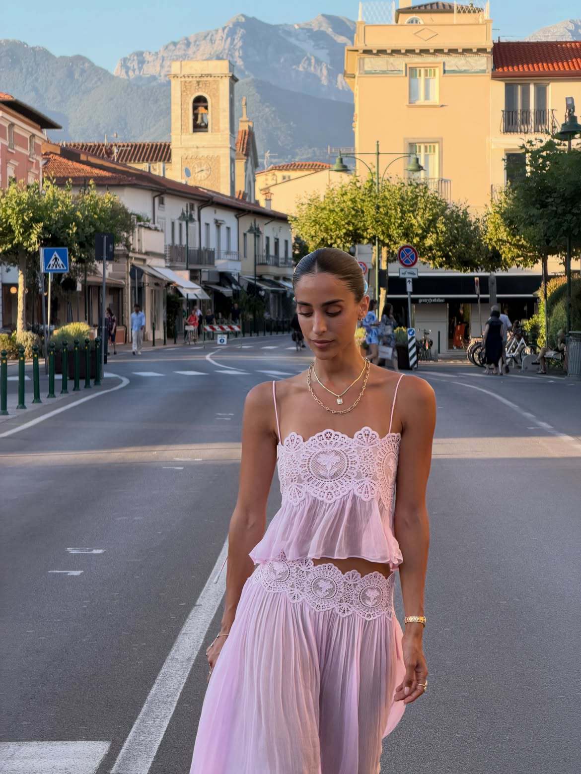 Anouk lace-trim cami and wide-leg pants set, pale pink with lace ruffle tiers
