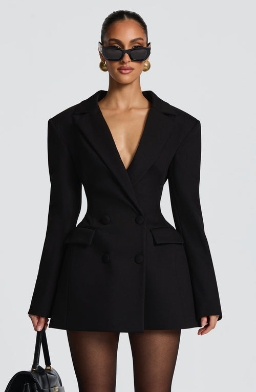 Black double-breasted mini blazer dress with notch lapels and long sleeves