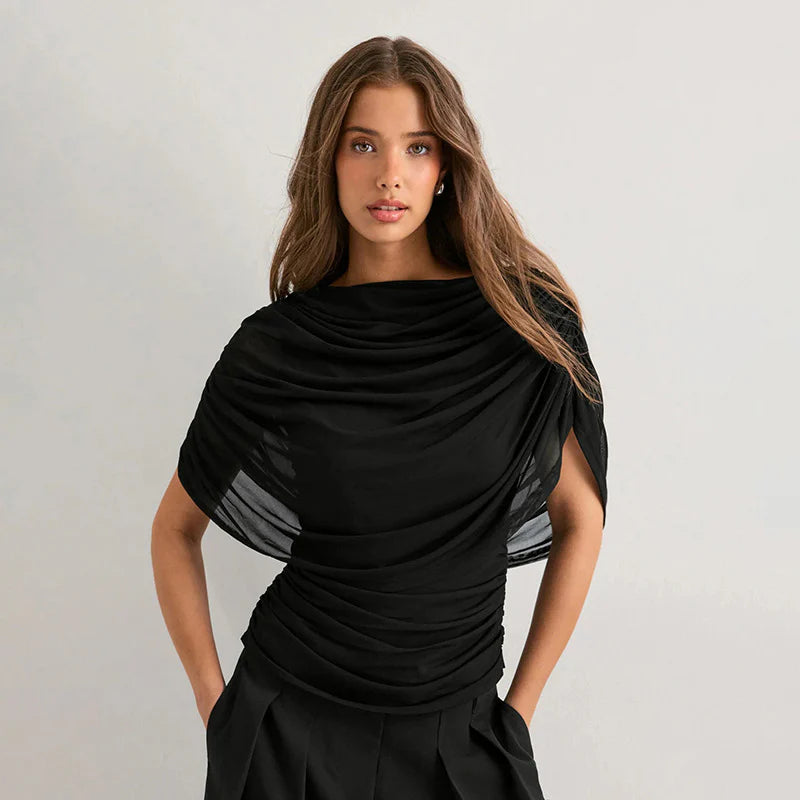 Black draped cowl neck top with short sleeves and ruched draping