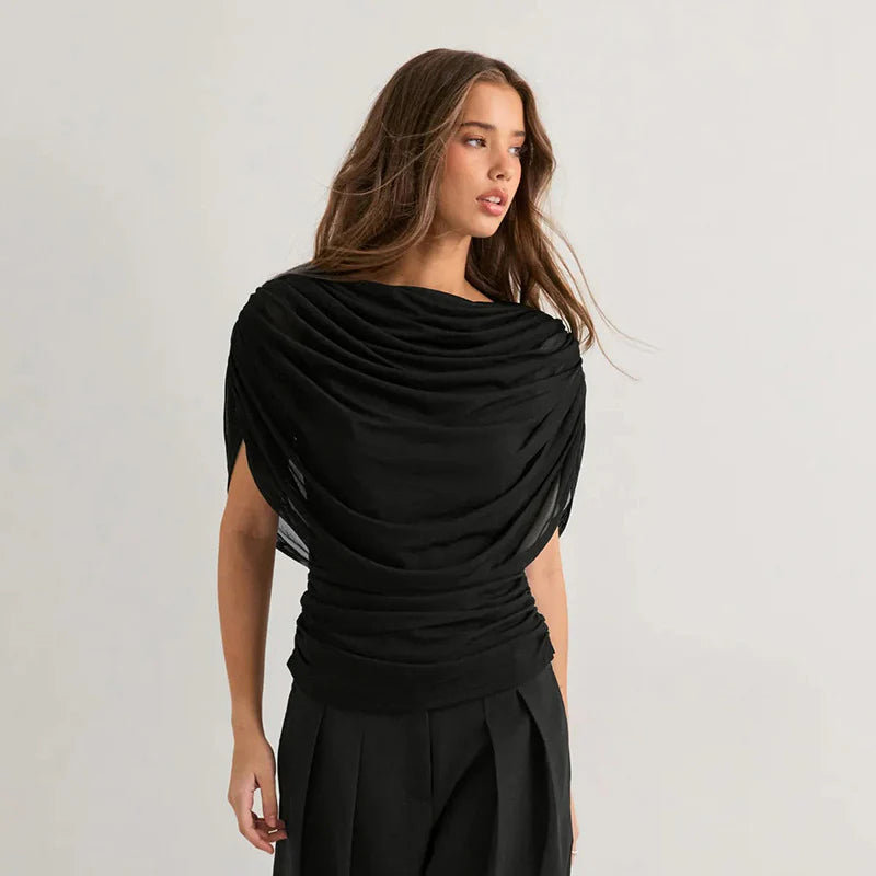 Black draped cowl neck top, gathered drape across chest