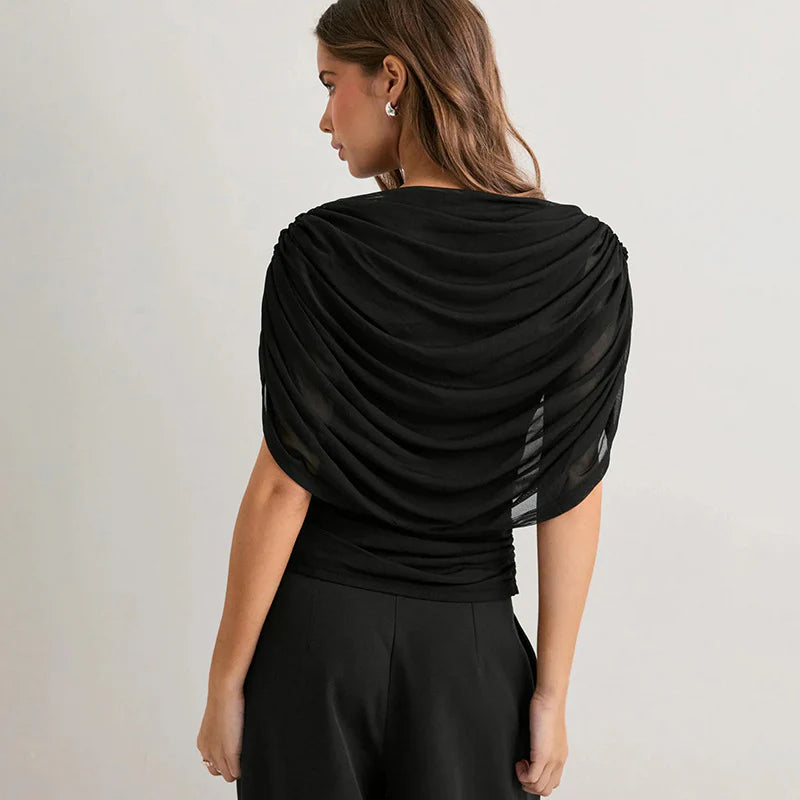 Black draped cowl neck top with gathered back drape