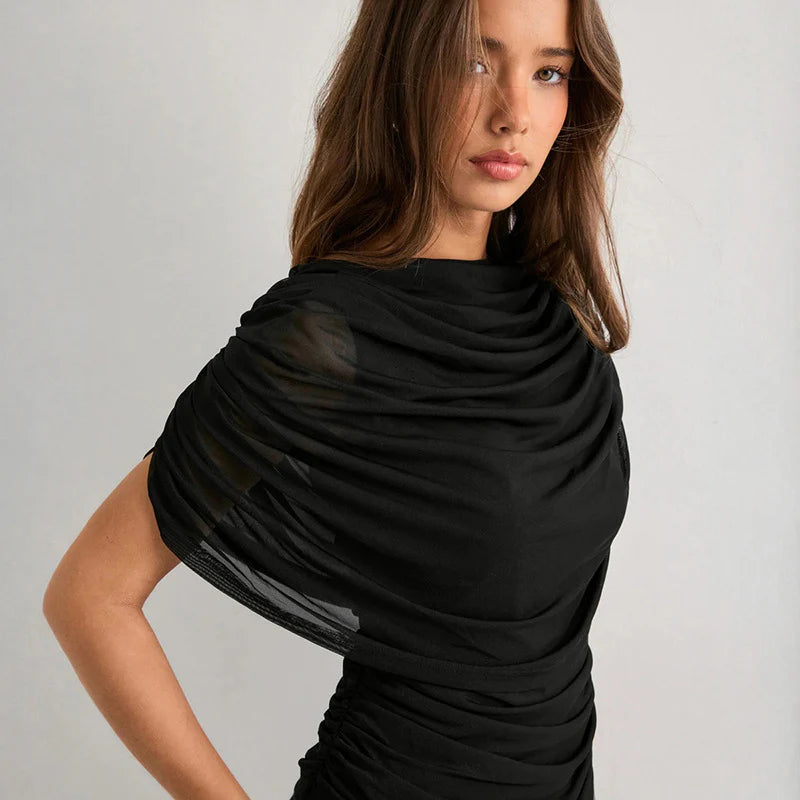Black cowl neck draped top with layered fabric folds