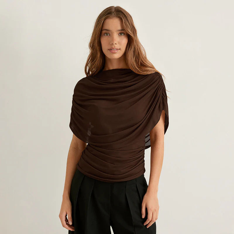 Brown draped cowl neck top with short sleeves and ruched side draping