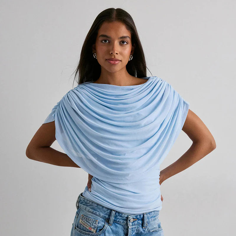 Baby blue draped cowl neck top with draped shoulder and gathered sides