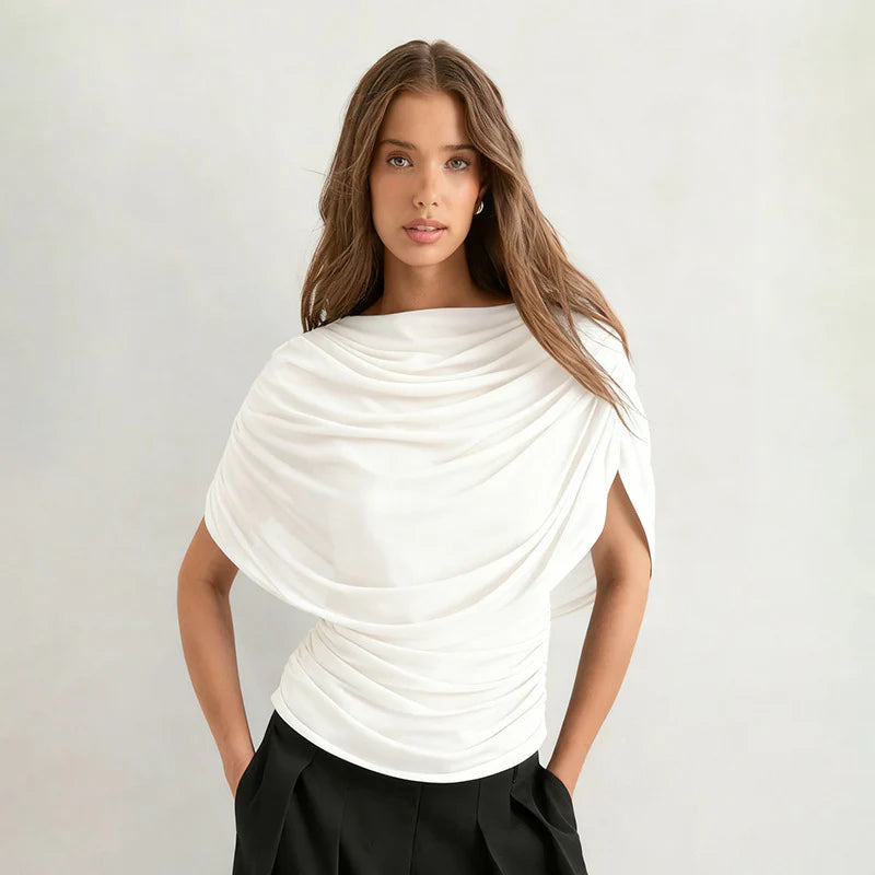 White draped cowl-neck top with short sleeves and pleated wrap at waist