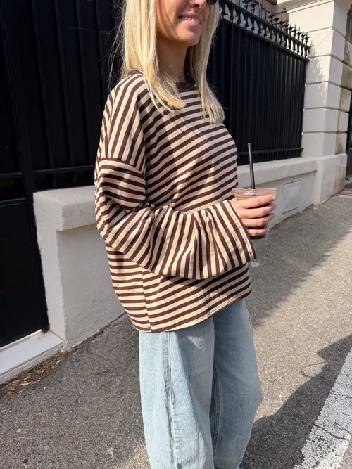 Women’s striped oversized knit sweater, brown and cream stripes, wide bell sleeves