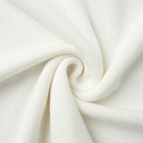 Off-white knit sweater fabric close-up, textured knit with soft drape