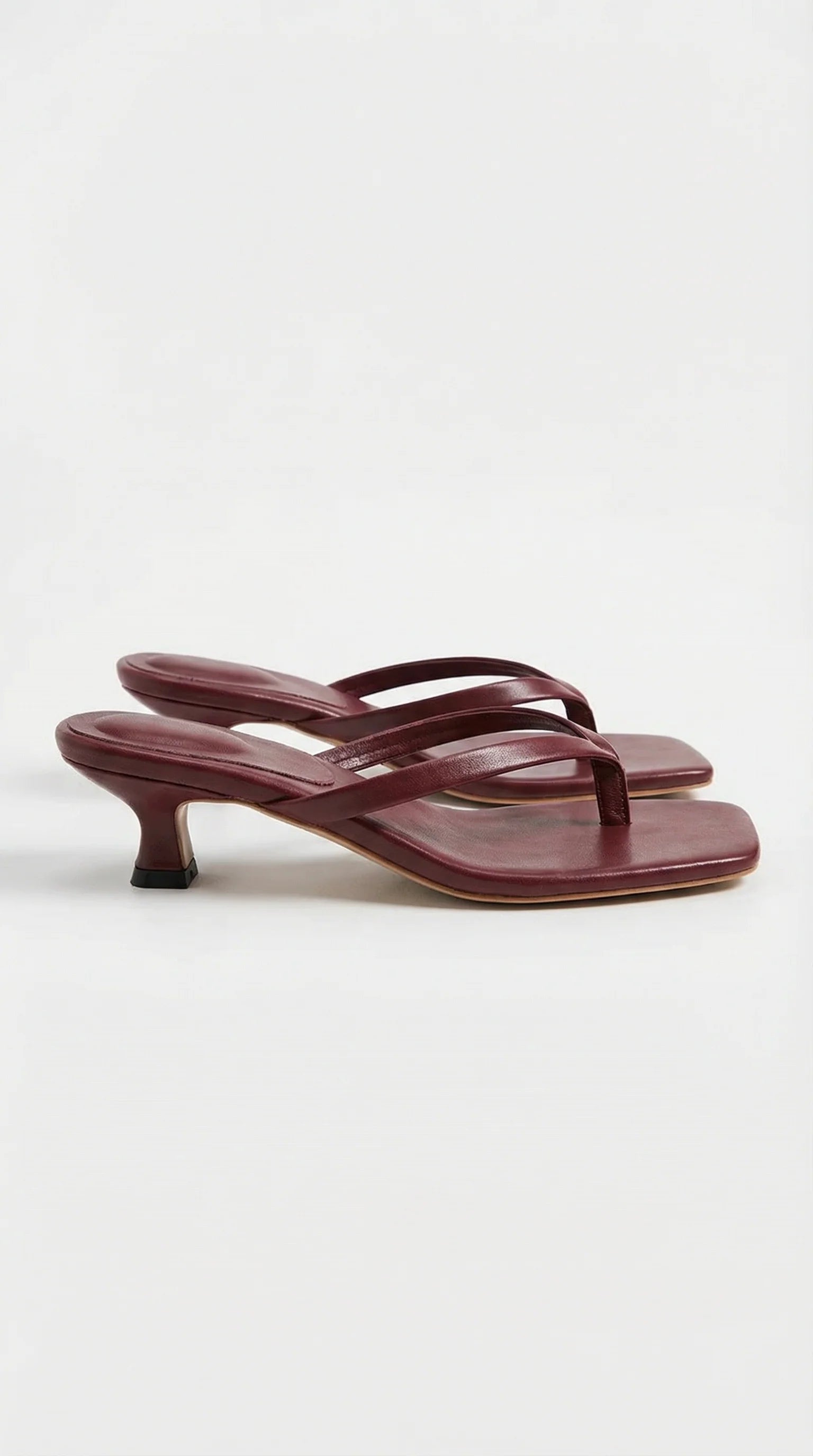 Amélie strappy kitten heel mule in burgundy, open toe with low heel