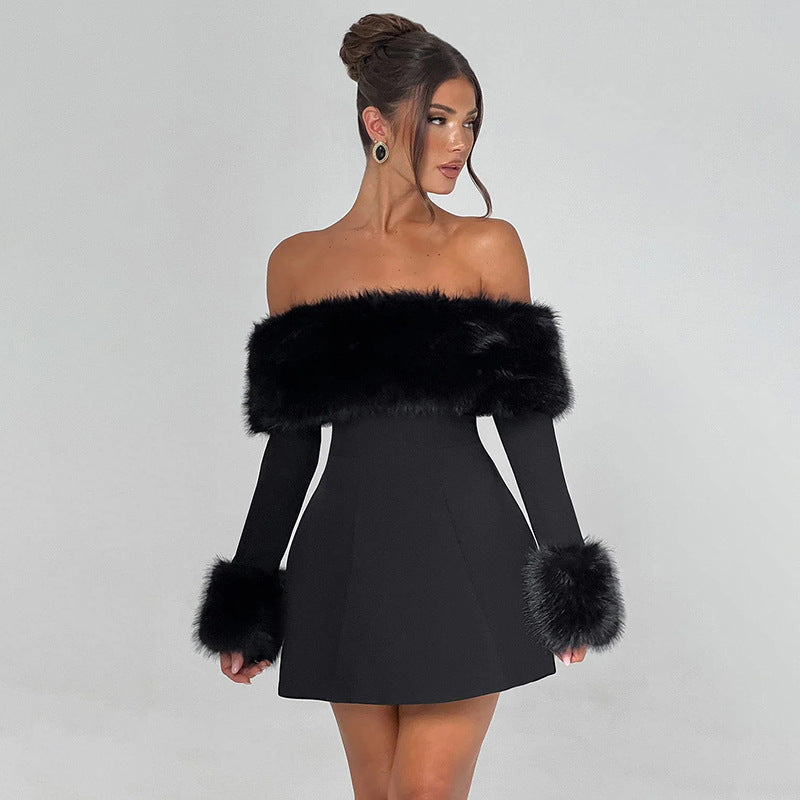 Black off-shoulder mini dress with plush faux-fur trim, flared skirt, long sleeves