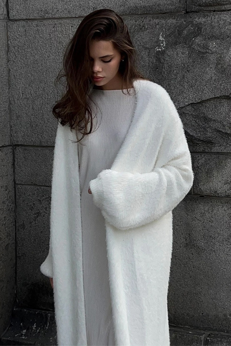 Women’s open-front longline knit cardigan, white, soft texture and wide sleeves