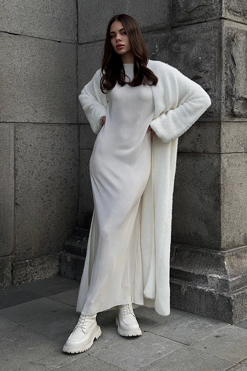 Women’s open-front longline knit cardigan, white, open front with flowing length