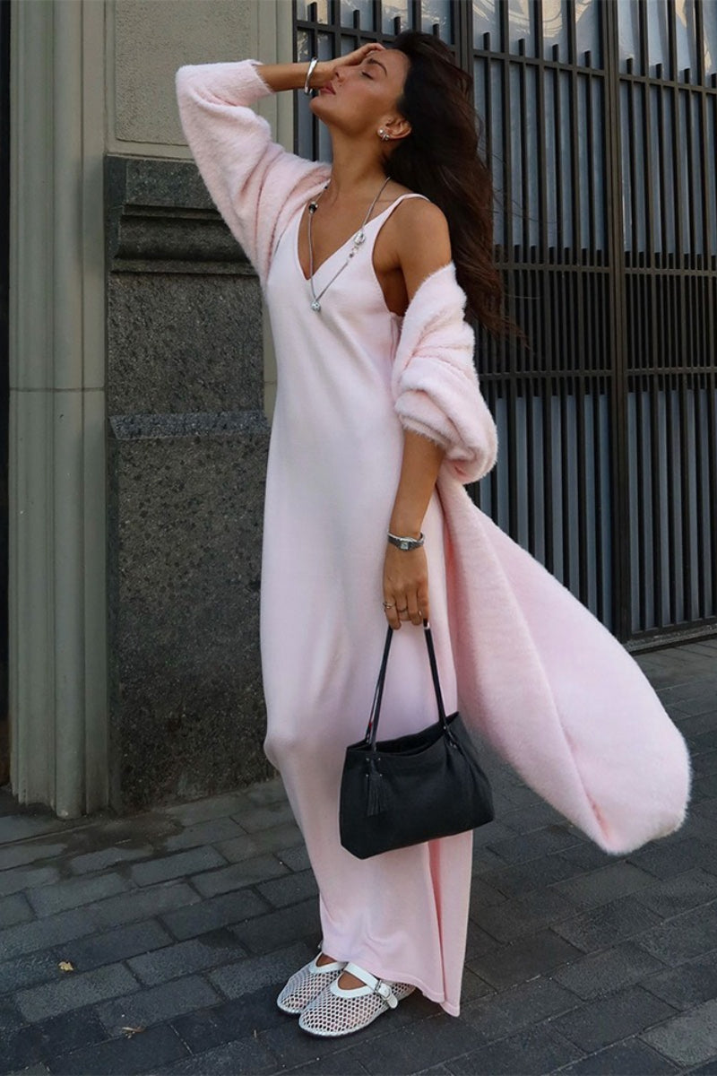 Women’s open-front longline knit cardigan, light pink, draped with long sleeves