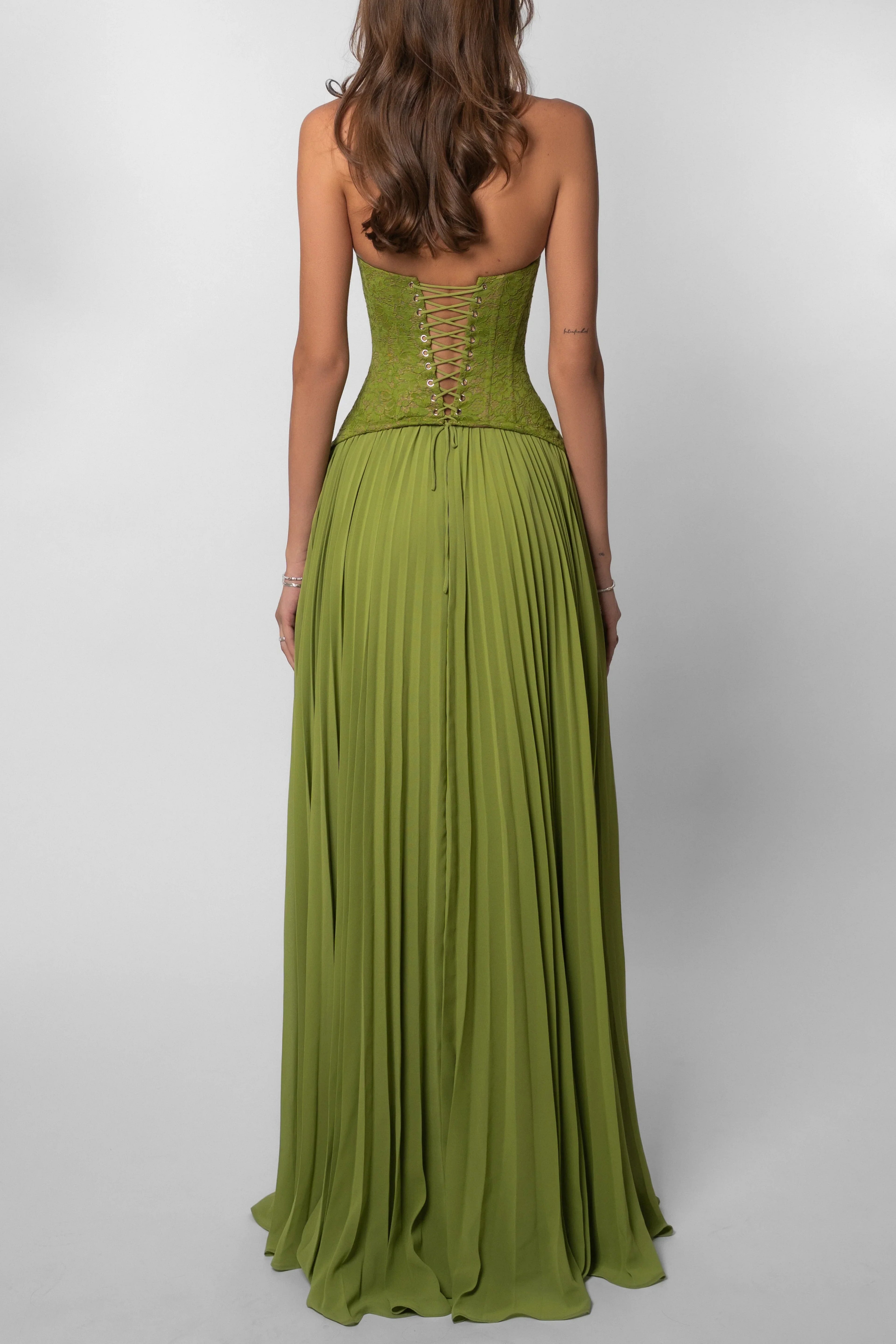 Olive green lace corset maxi gown with racerback and pleated full-length skirt