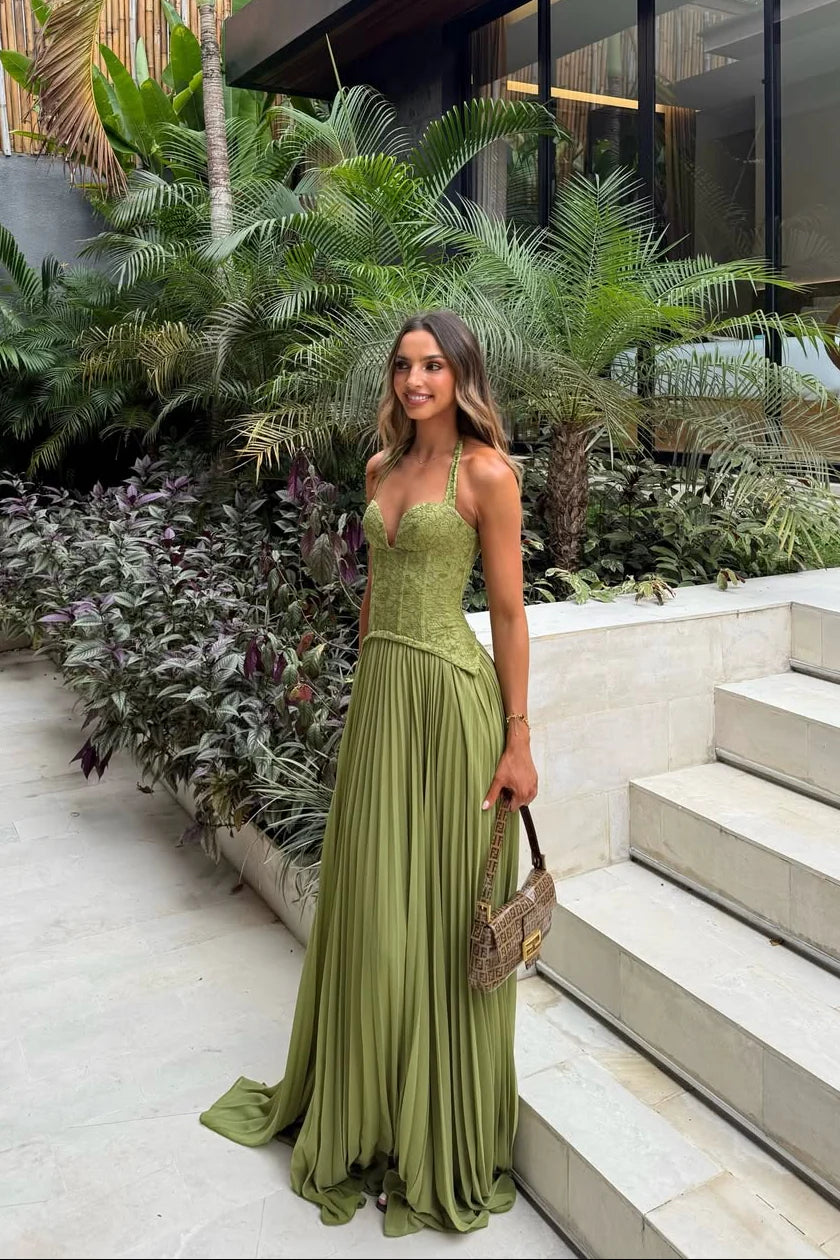 Olive green lace corset maxi gown with V-neck bodice and pleated flowing skirt