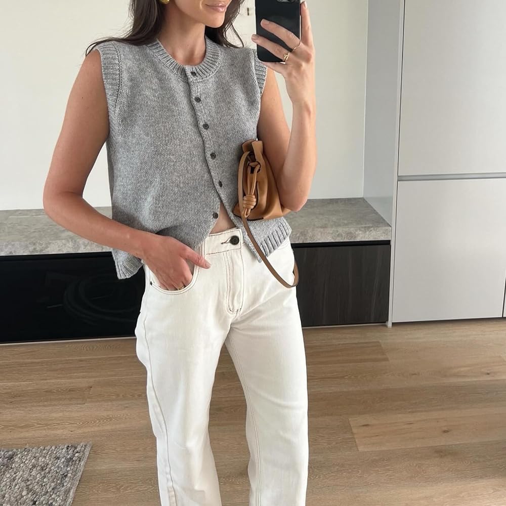 Women’s knitted button-front vest cardigan in heather gray, sleeveless with front buttons